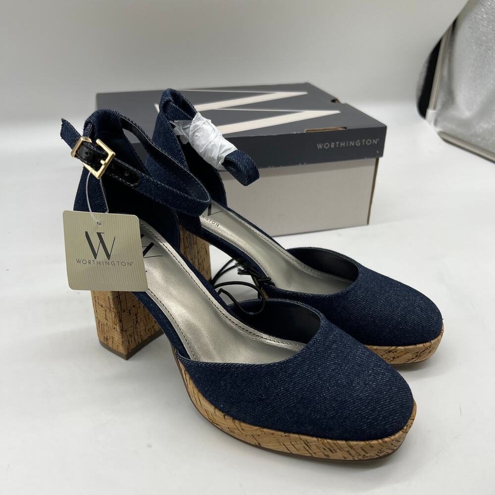 Worthington Womens Panama Block Heel Pumps Denim Size 6